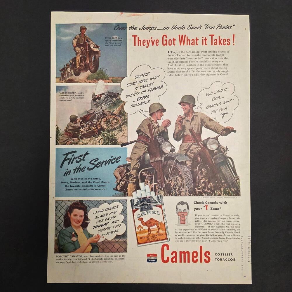 Vintage WWII Camel Cigarettes Advertisement – Motorcycle Troops – “They’ve Got W